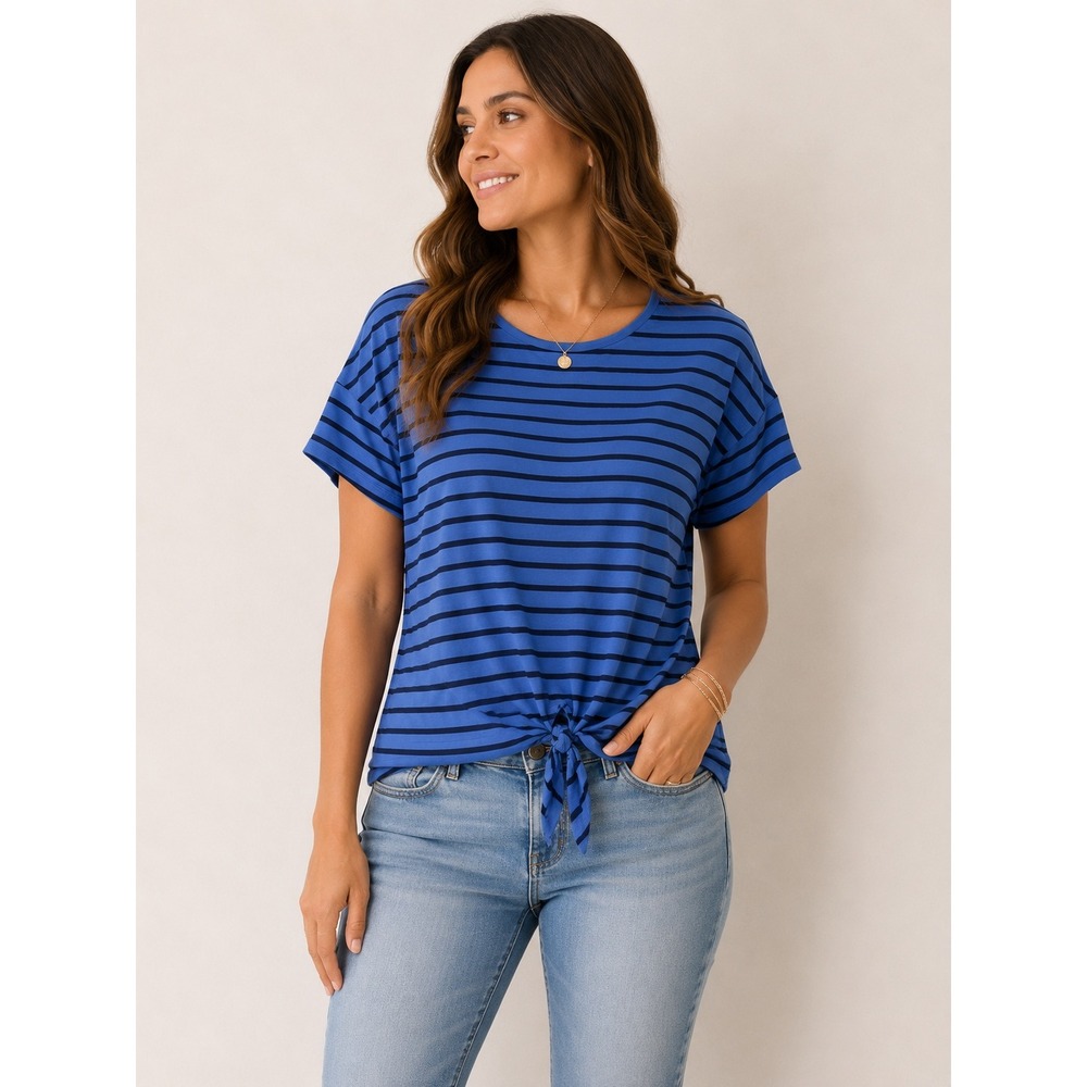 Cable & Gauge Blue Striped Ruffle Sleeve Tie Front Top Mens Medium